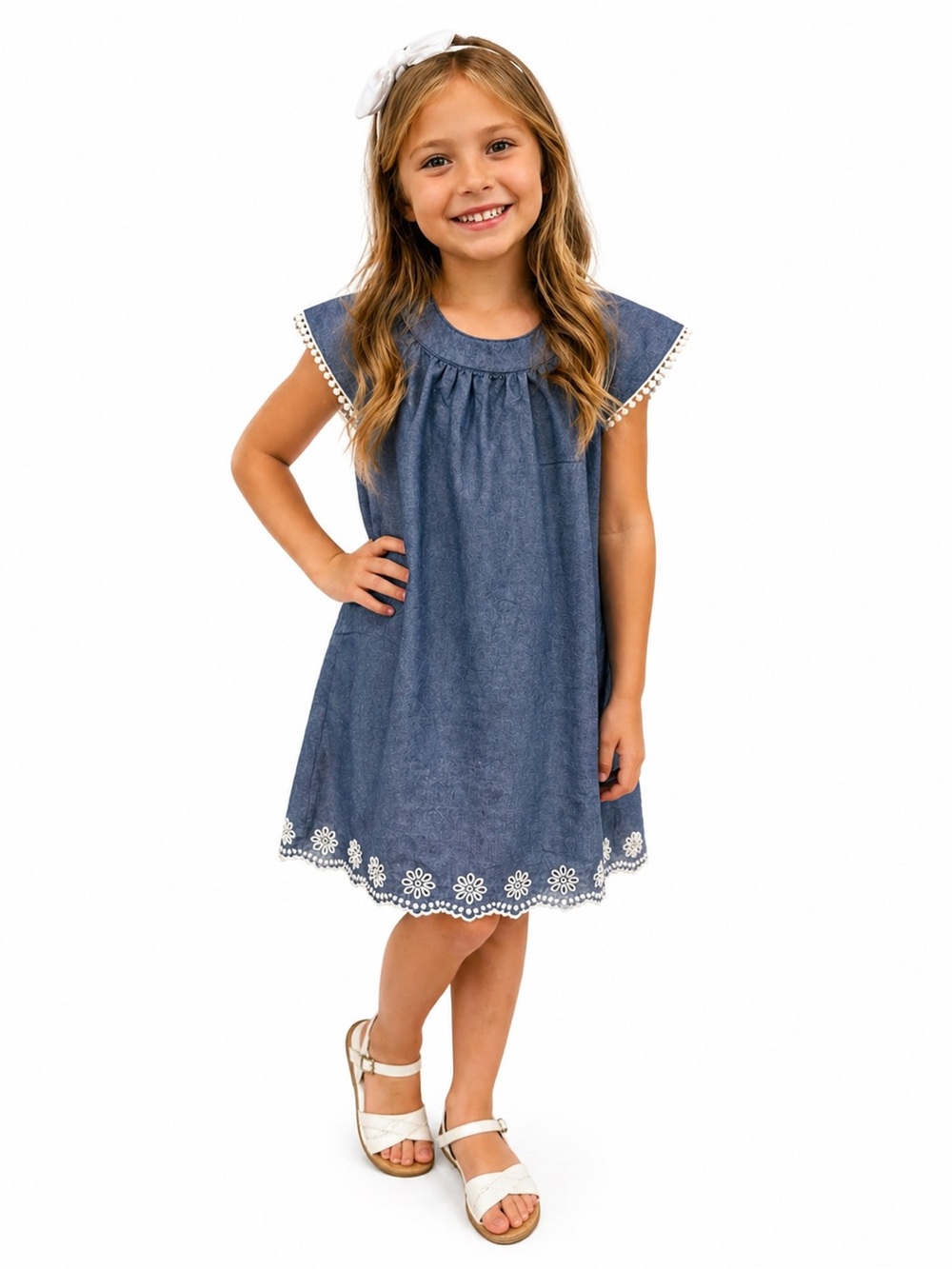 Sonoma Chambray With White Eyelet Trim Girls Casual Dress Sz 7 Play Church Event